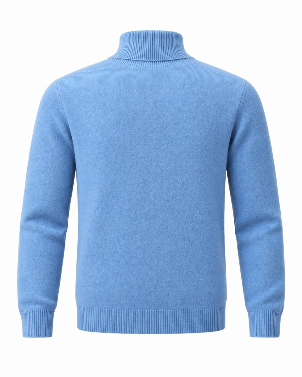A light blue knit turtleneck sweater shown from the back, displayed on a clean white background.