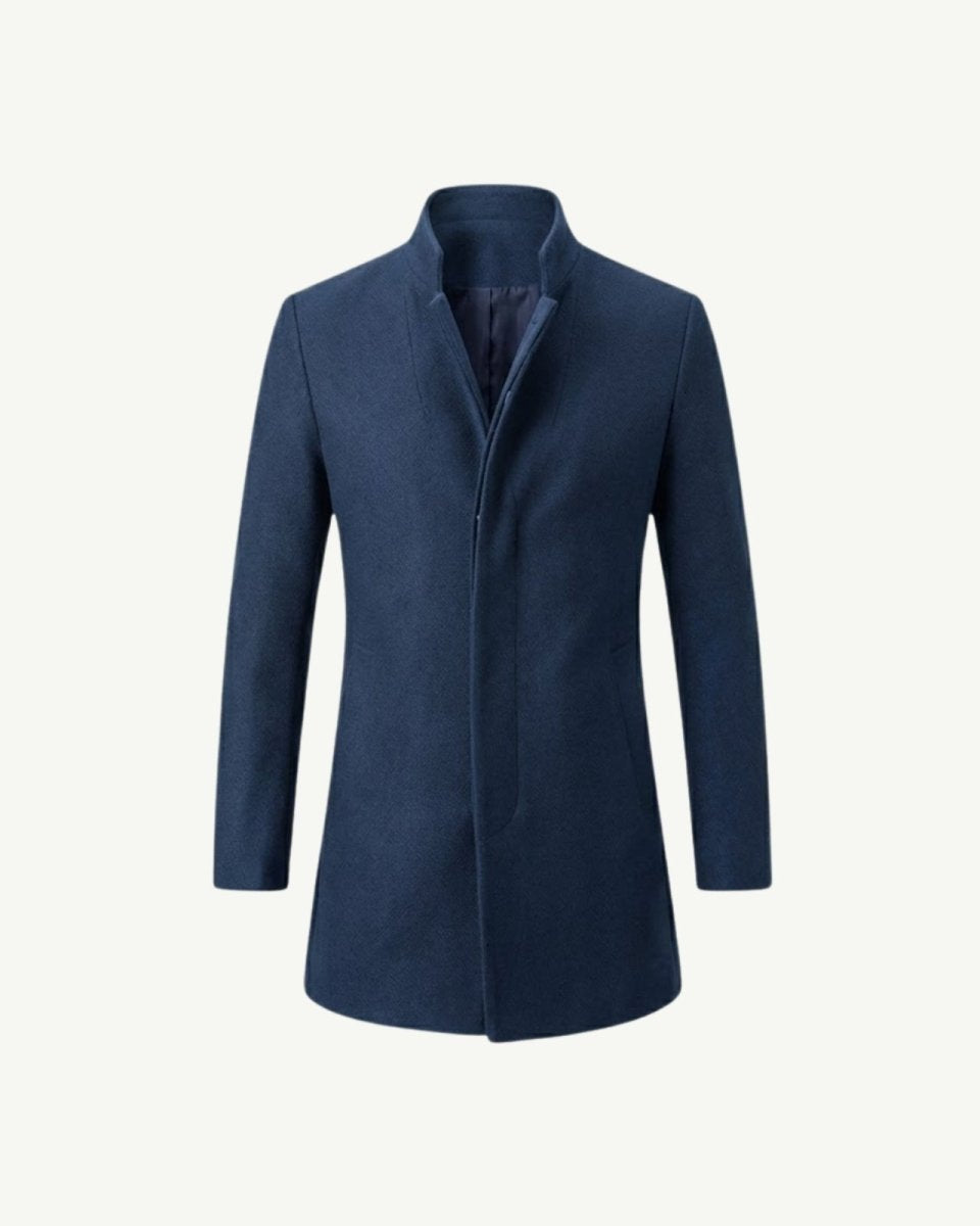 Front product shot of a men's blue wool coat with a stand collar, isolated on a white background.
