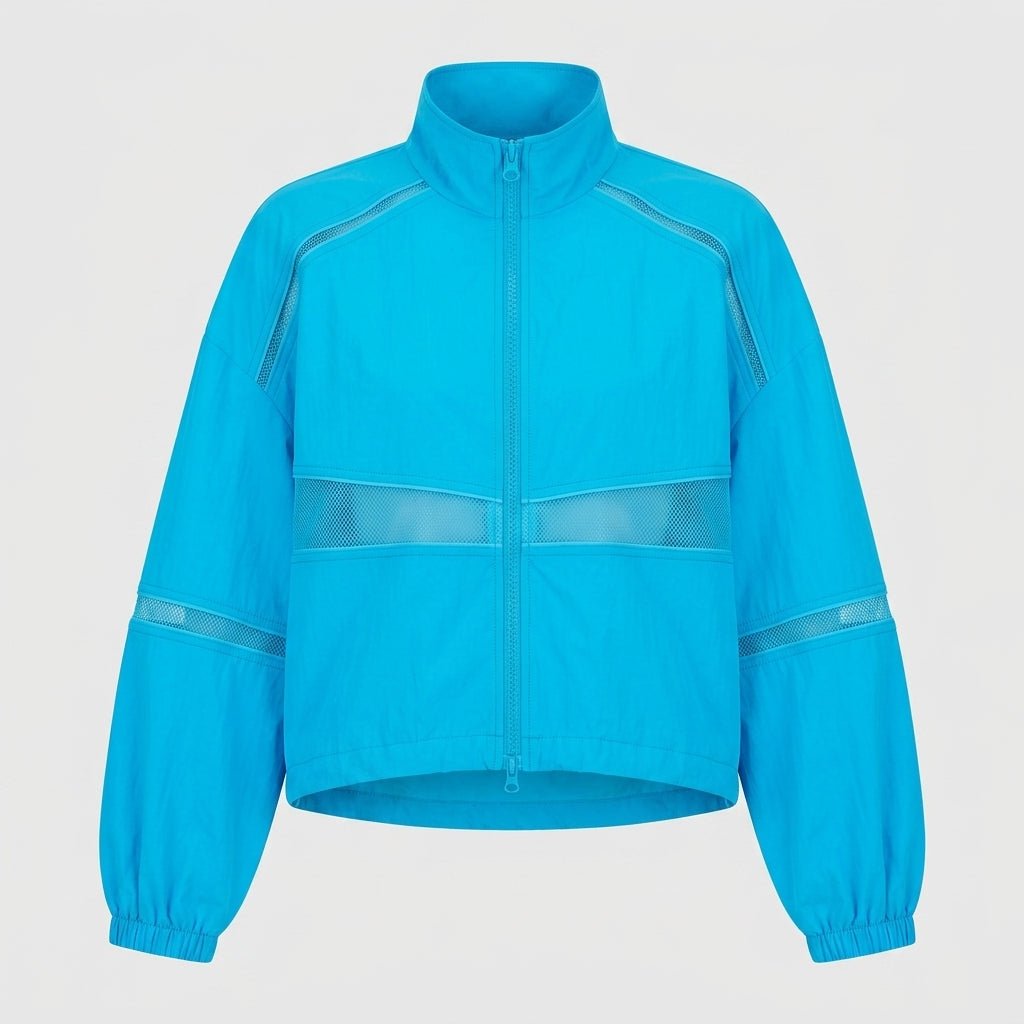 Ghost mannequin front view of bright blue nylon zip-up women's jacket with dropped shoulders and mesh sportswear accents.