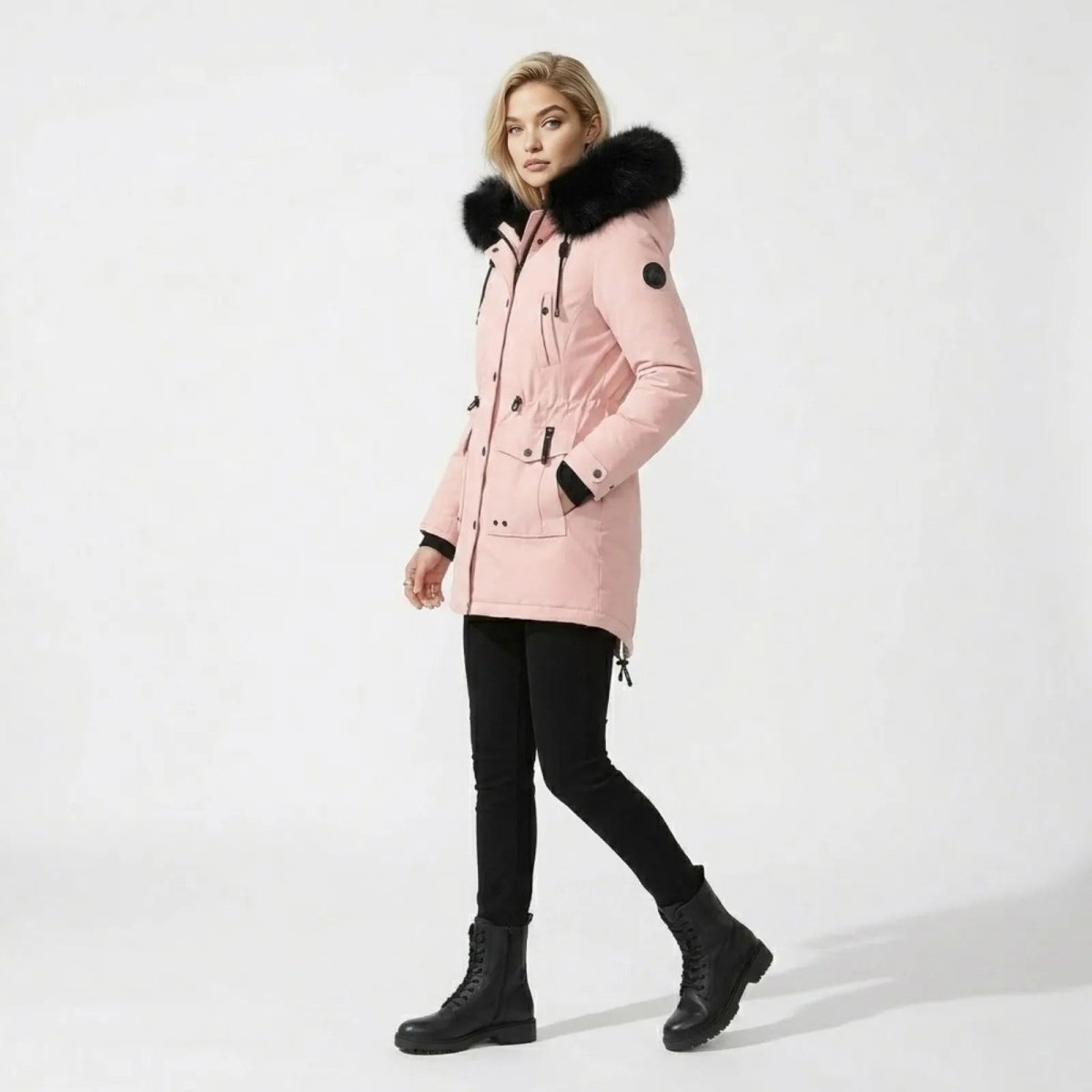 Side profile of the Kouvr blush pink winter parka showing the mid-thigh length and plush black hood. 