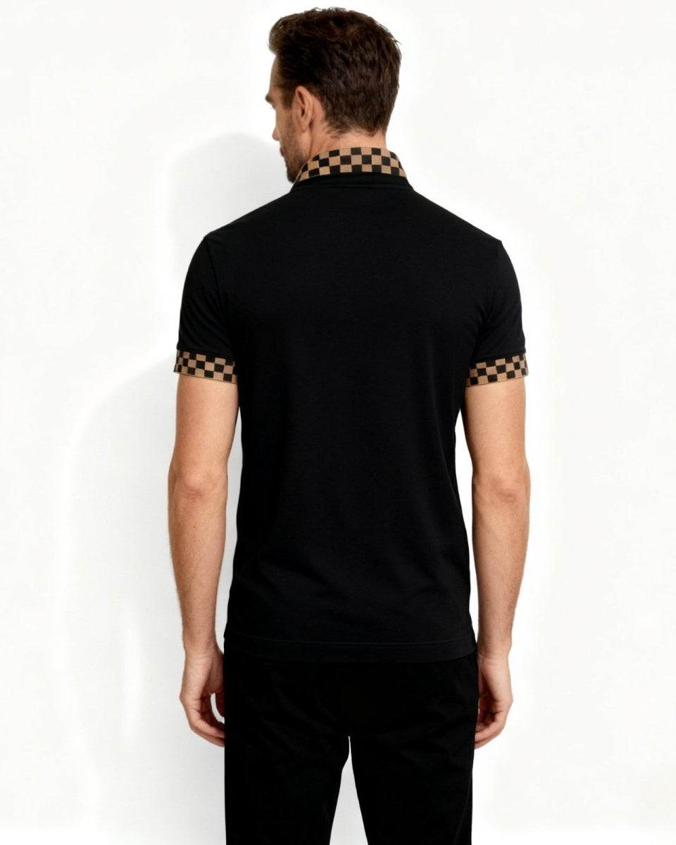 Back view of the men's black polo shirt, showing the clean design and the distinct checkerboard collar from behind.