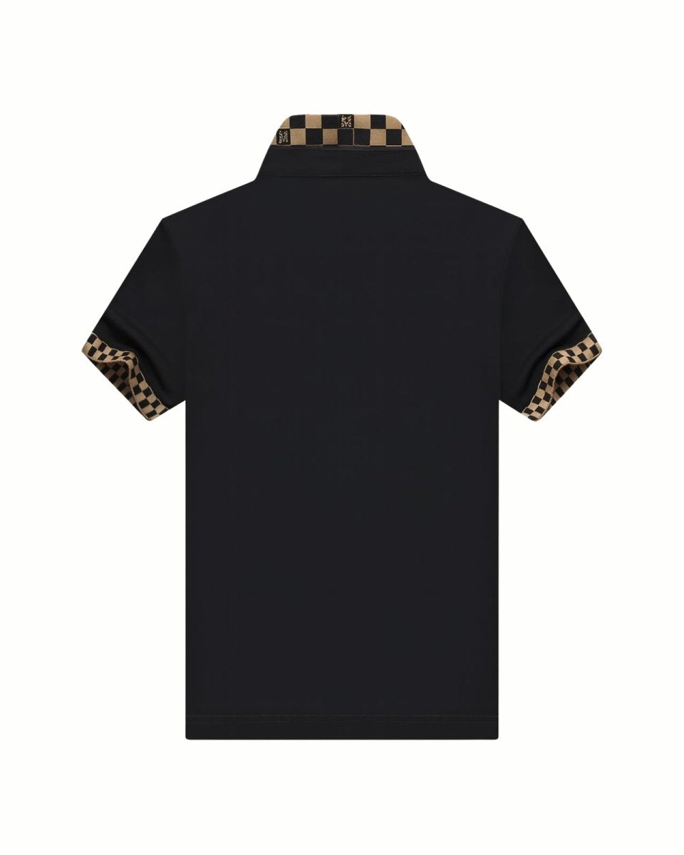 Flat lay of the back of the men's black polo shirt, displaying the premium piqué fabric and the rear view of the designer checkerboard collar.