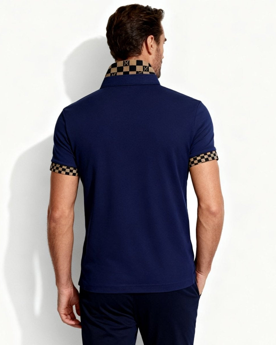 Back view of the Brent polo shirt in navy, showing the clean lines of the tailored fit and the sophisticated checkered collar design.