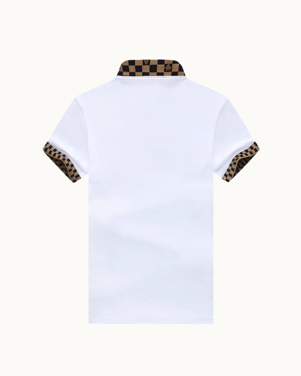 Product-only image of the back of the white polo shirt, showcasing the full checkered collar detail.