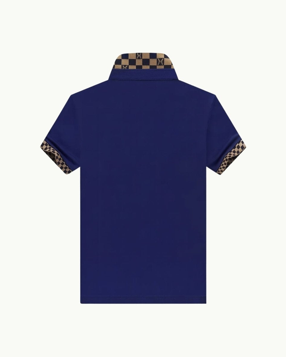Back view flat lay of the Regent polo, displaying the full checkered collar design against the navy blue Pima cotton fabric.