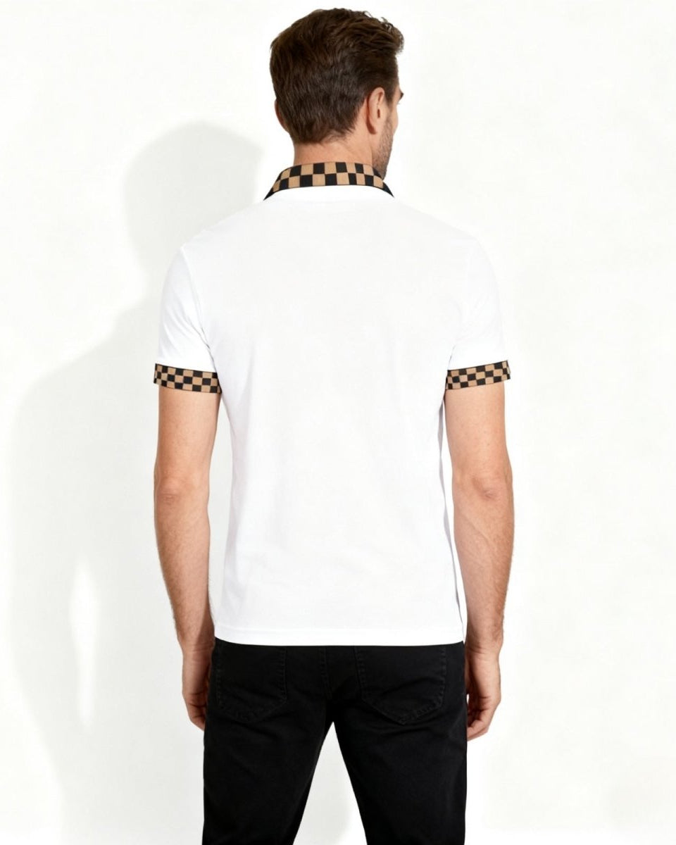 Back view of a male model wearing the white polo, highlighting the checkered collar design from behind.