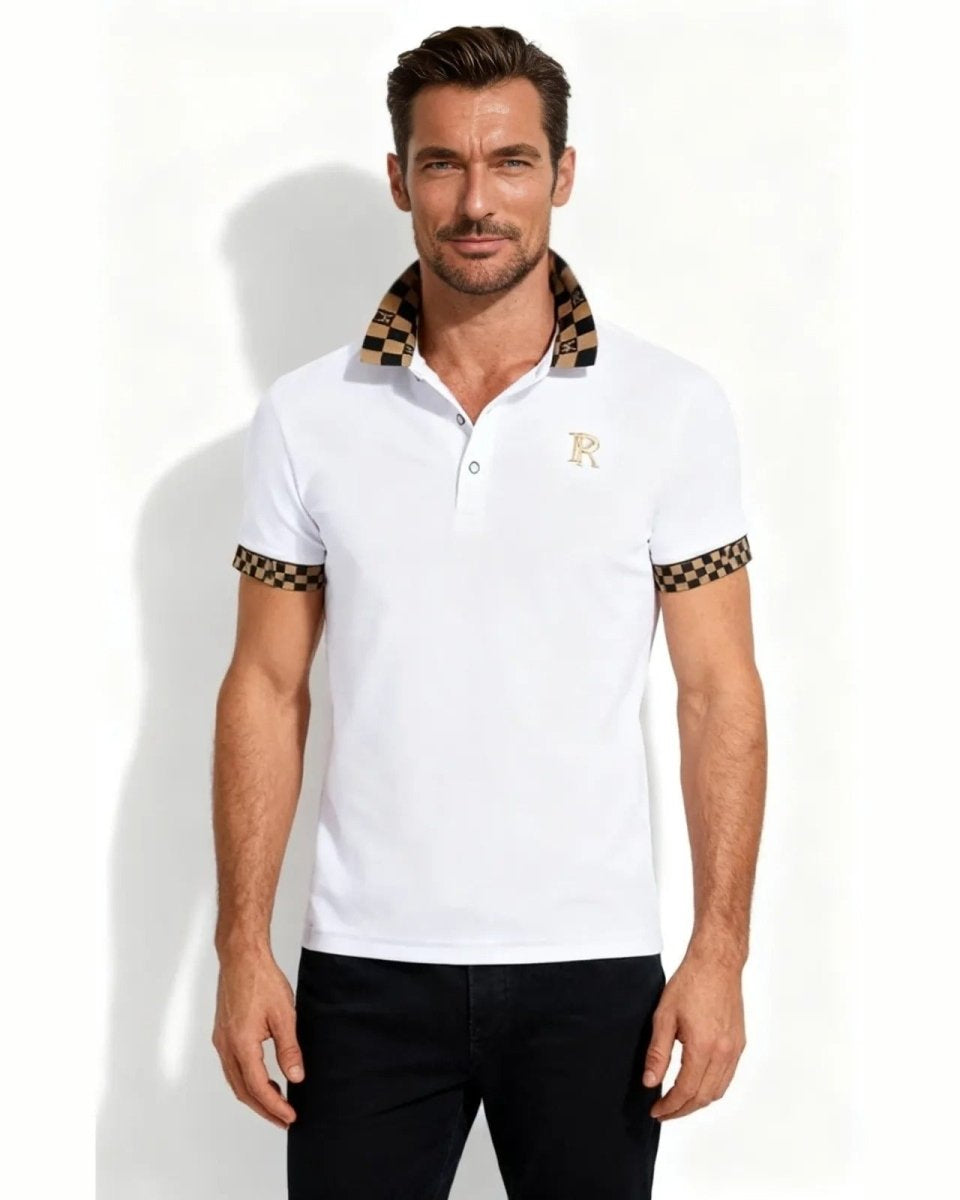 Male model wearing the white luxury polo shirt with a brown and black checkered collar, front view against a white background.