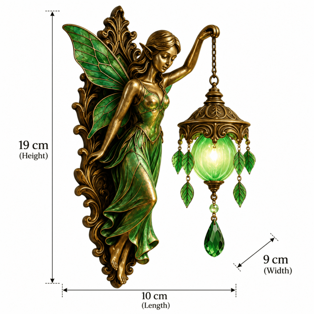 Fairy wall sconce with a bronze-finished female fairy figure and green glass accents, shown with dimension labels indicating 19 cm height, 10 cm width, and 9 cm glass shade width on a white background.