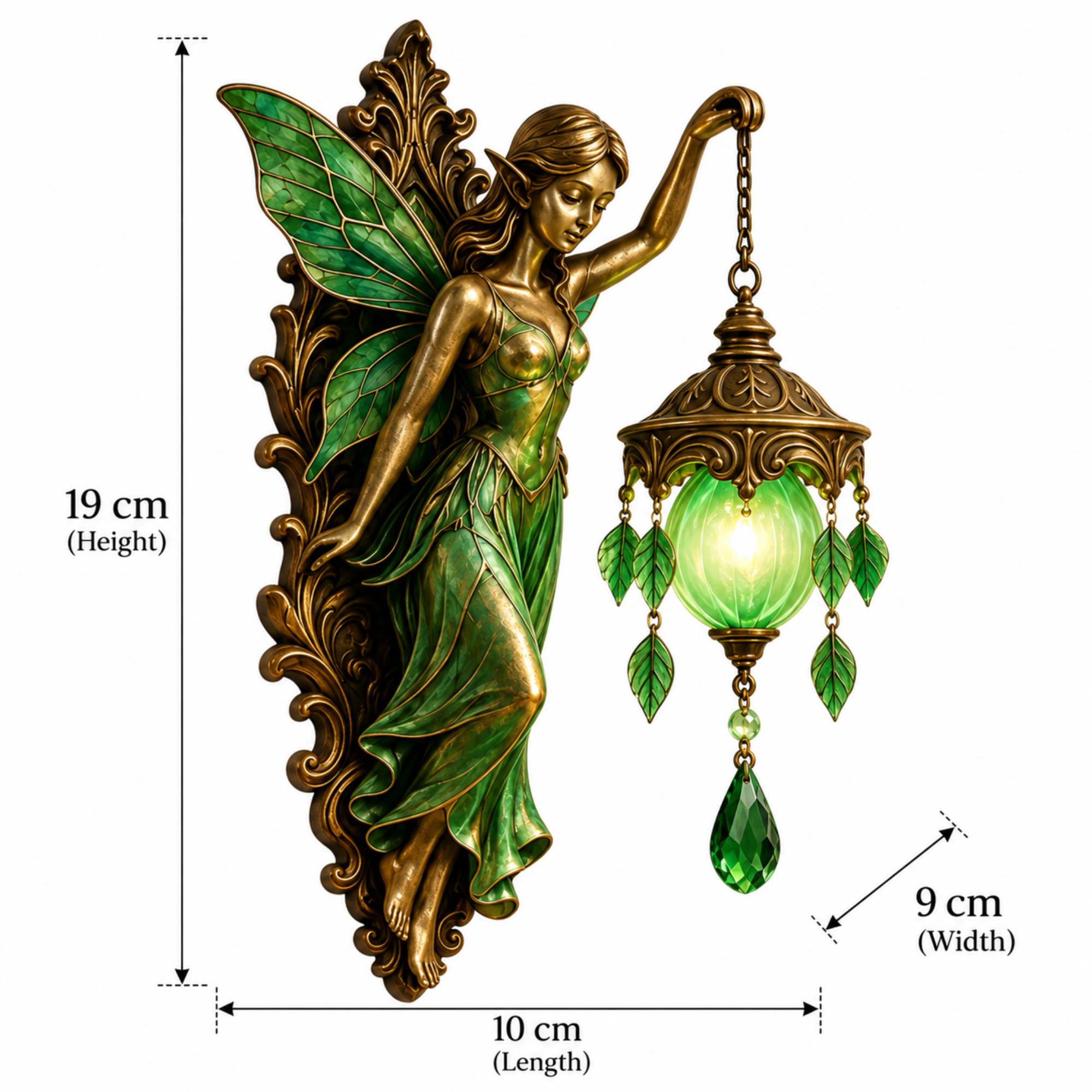 Fairy wall sconce with a bronze-finished female fairy figure and green glass accents, shown with dimension labels indicating 19 cm height, 10 cm width, and 9 cm glass shade width on a white background.