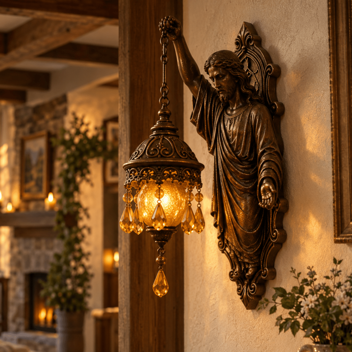 Bronze wall sconce sculpted as Jesus Christ holding a hanging lantern with a warm amber glowing orb and crystal pendants.