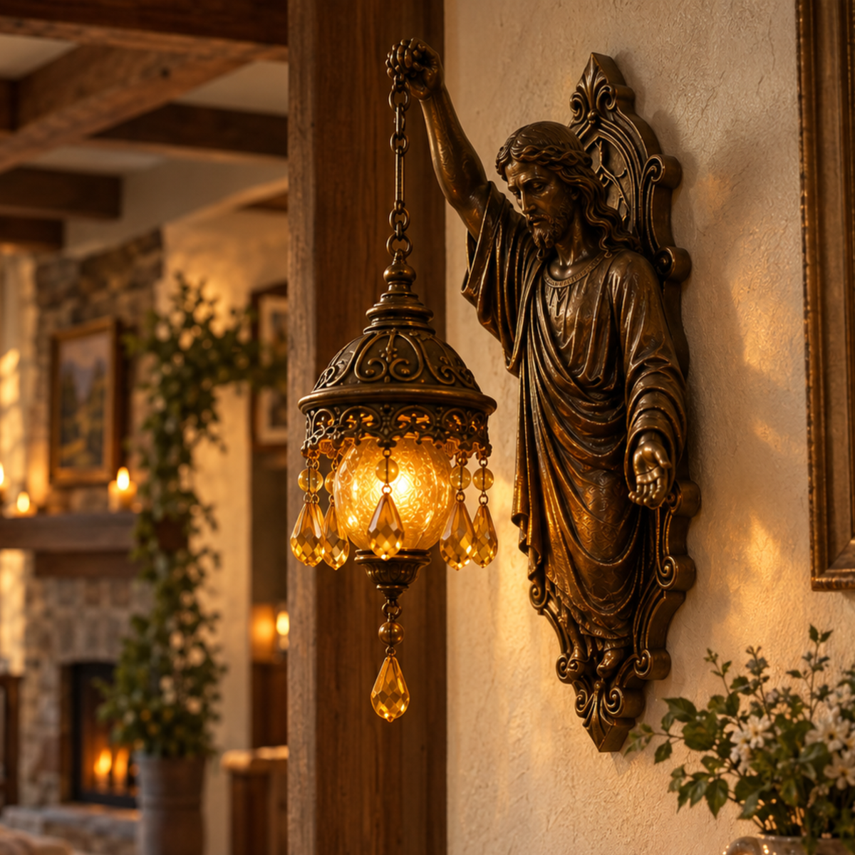 Bronze wall sconce sculpted as Jesus Christ holding a hanging lantern with a warm amber glowing orb and crystal pendants.