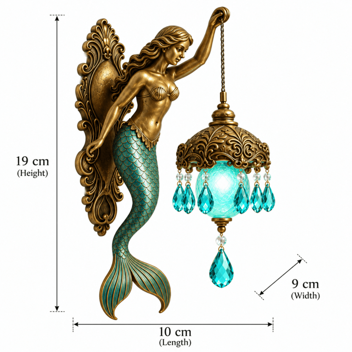 Product dimension guide for a bronze mermaid wall sconce holding a teal lantern, measuring 19 cm high, 10 cm long, and 9 cm wide.