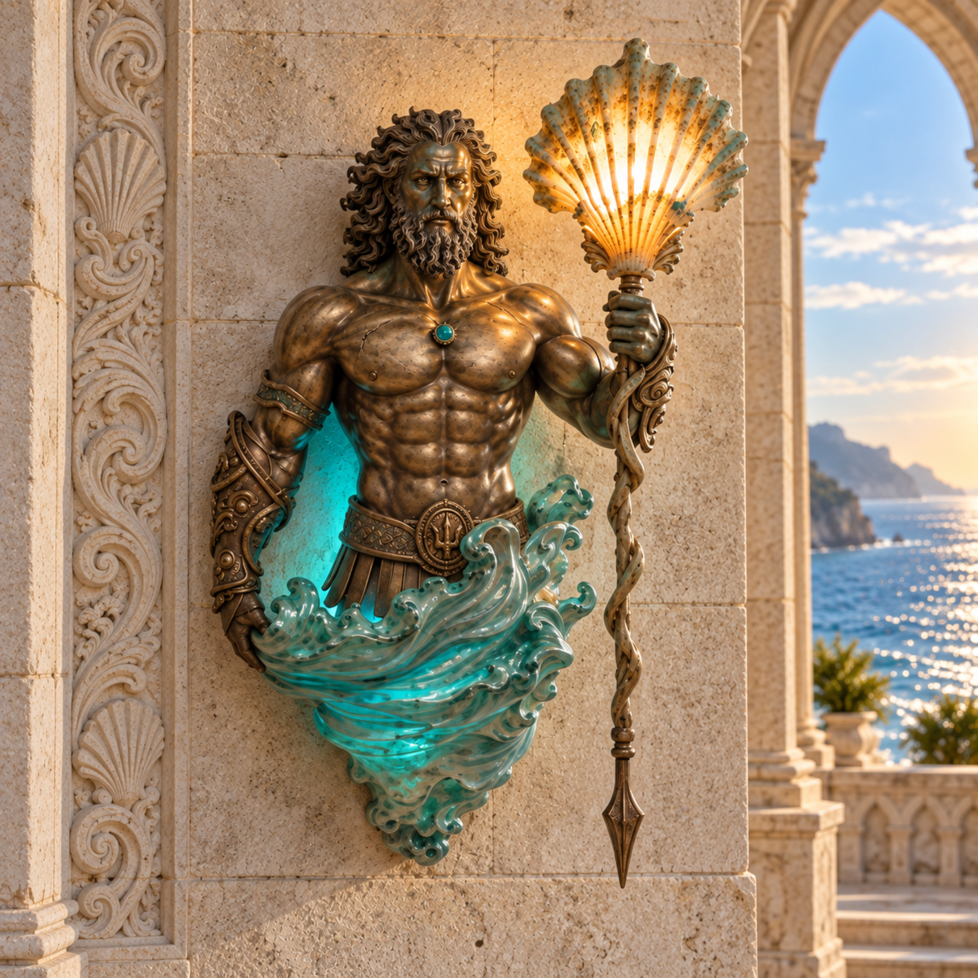 Bronze wall sconce of the sea god Poseidon emerging from sculpted teal waves, holding an illuminated seashell staff on a stone archway overlooking the ocean.