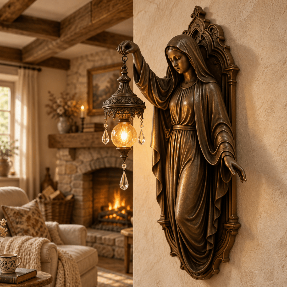 Bronze Virgin Mary wall sconce holding an illuminated amber glass lantern in a cozy living room with a fireplace.