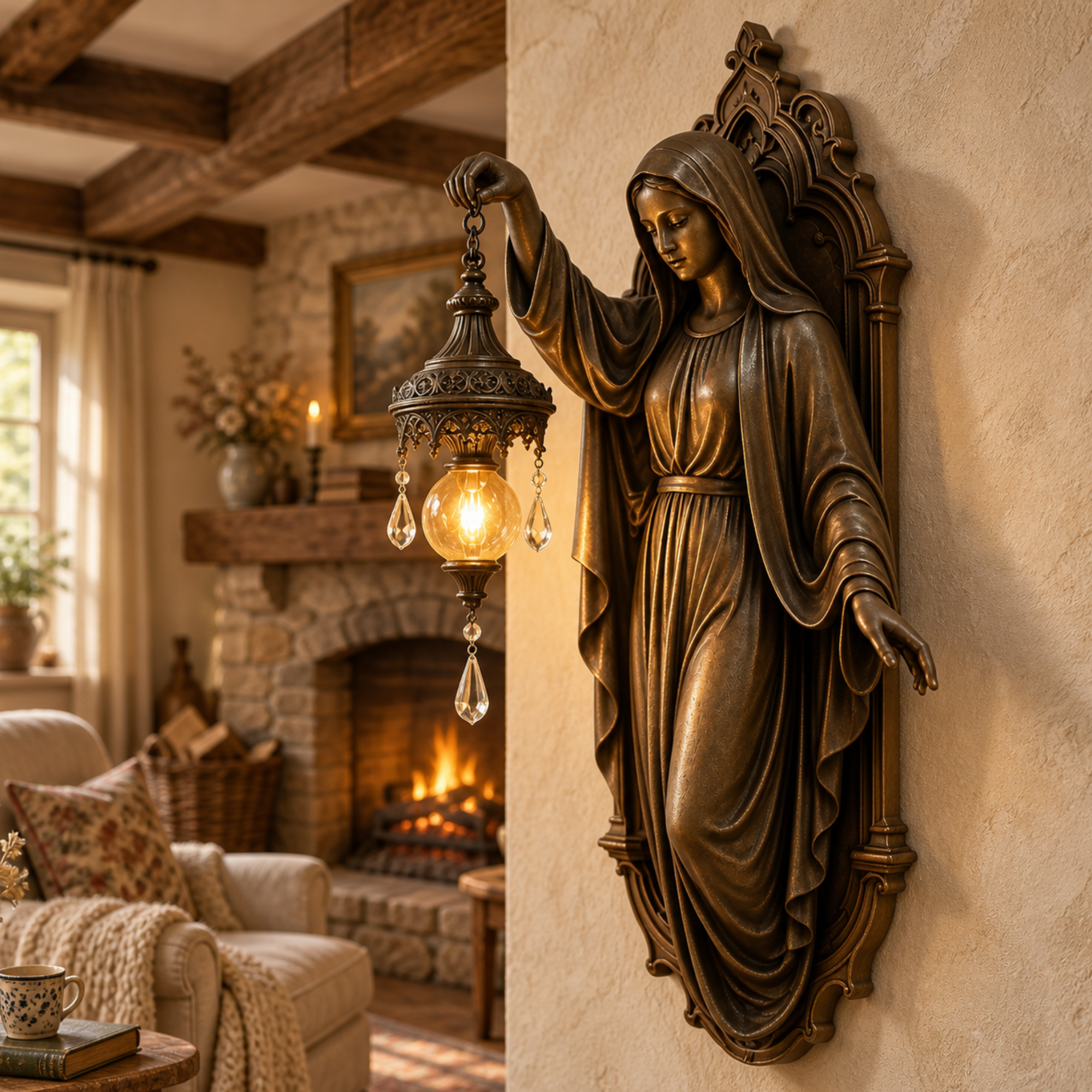 Bronze Virgin Mary wall sconce holding an illuminated amber glass lantern in a cozy living room with a fireplace.