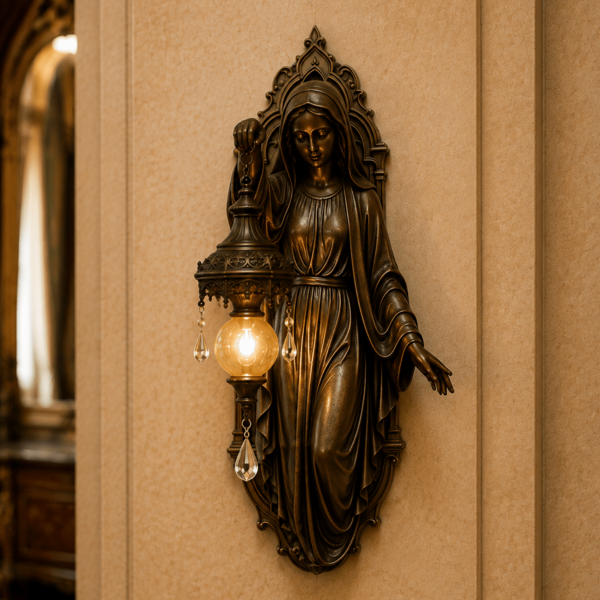 Bronze Virgin Mary wall sconce holding an illuminated amber glass lantern in a cozy living room with a fireplace.