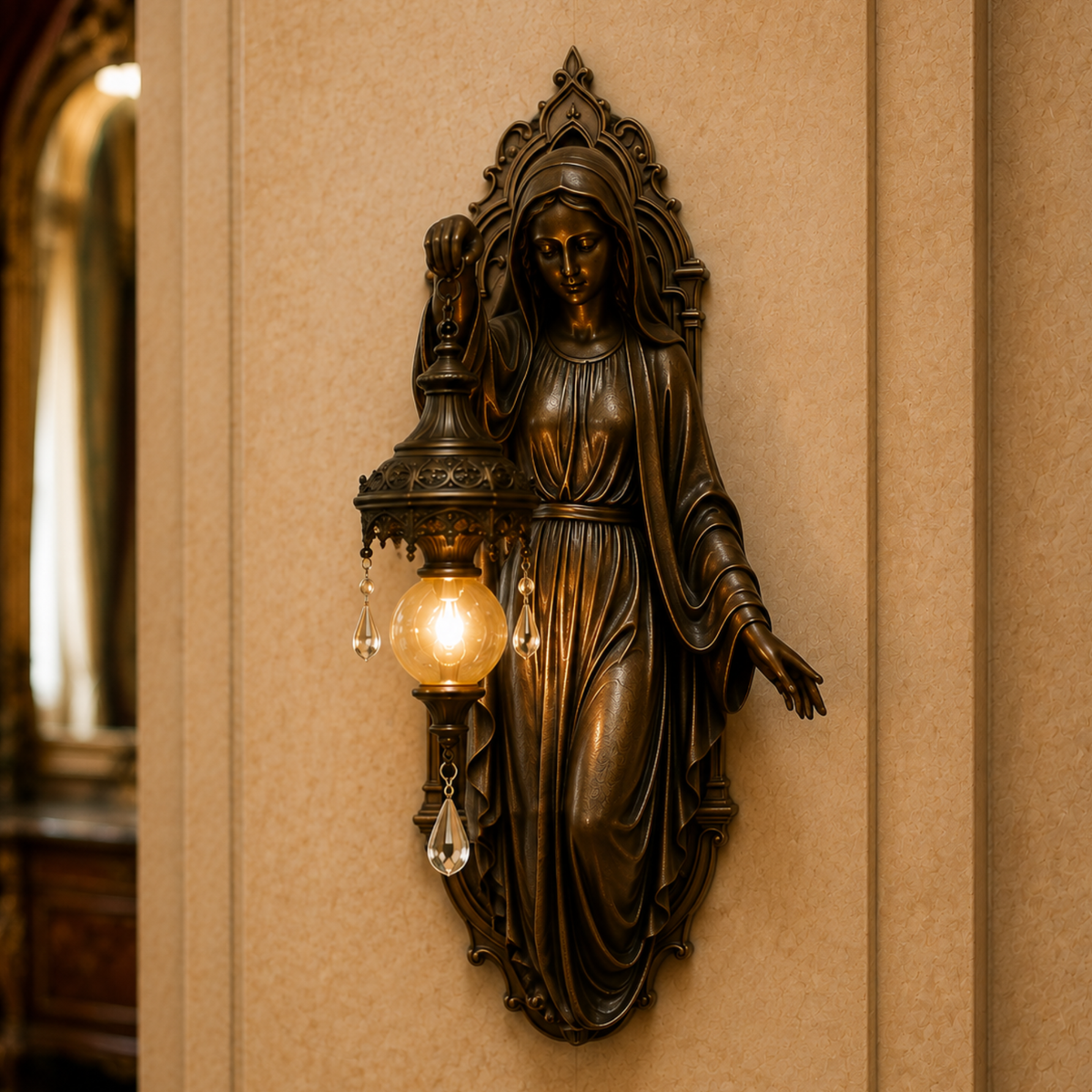 Bronze Virgin Mary wall sconce holding an illuminated amber glass lantern in a cozy living room with a fireplace.