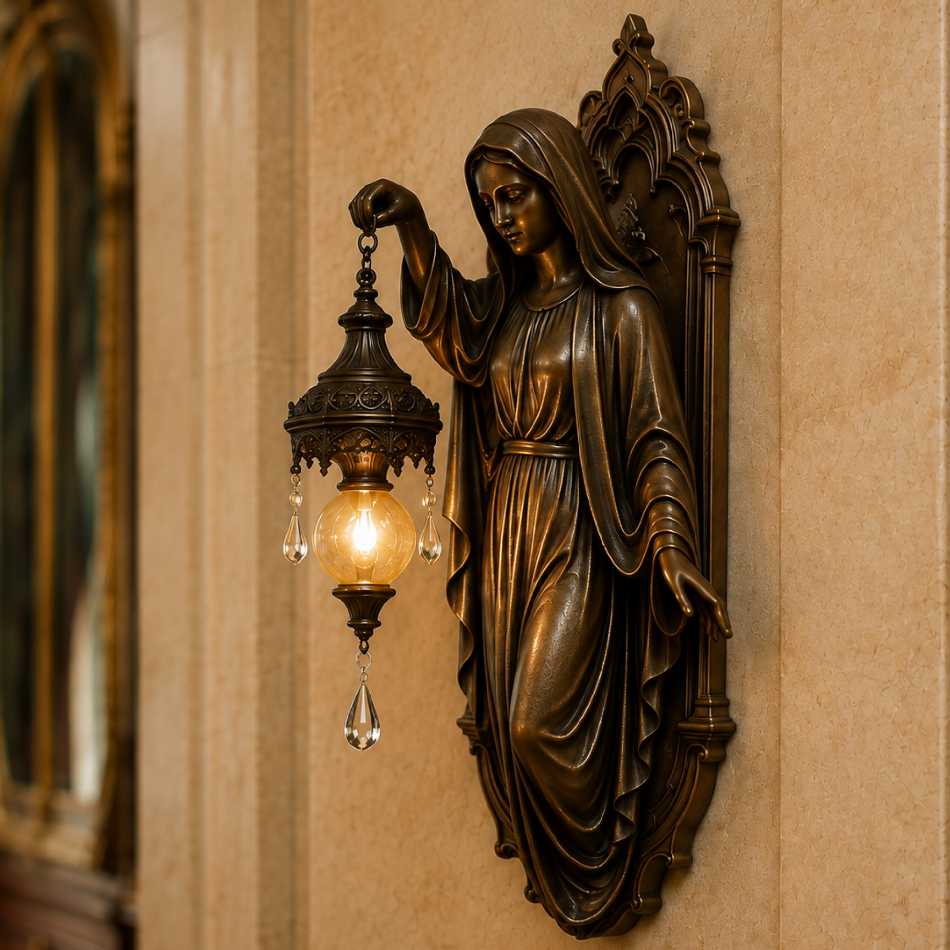Bronze Virgin Mary wall sconce holding a hanging lantern with a warm glowing light and clear crystal teardrops against a beige wall.