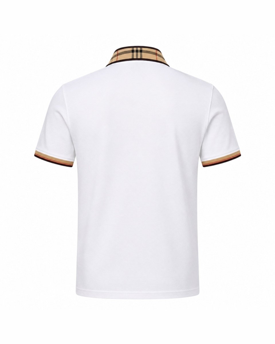 White short-sleeve polo shirt shown from the back, featuring a classic plaid collar in beige, brown, and black with matching trim on the sleeve cuffs.