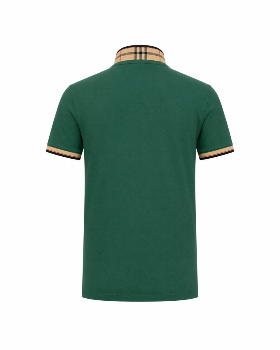 A green short-sleeve polo shirt shown from the back, featuring a classic checkered plaid collar in beige, black, and green, with matching checkered trim on the sleeve cuffs.