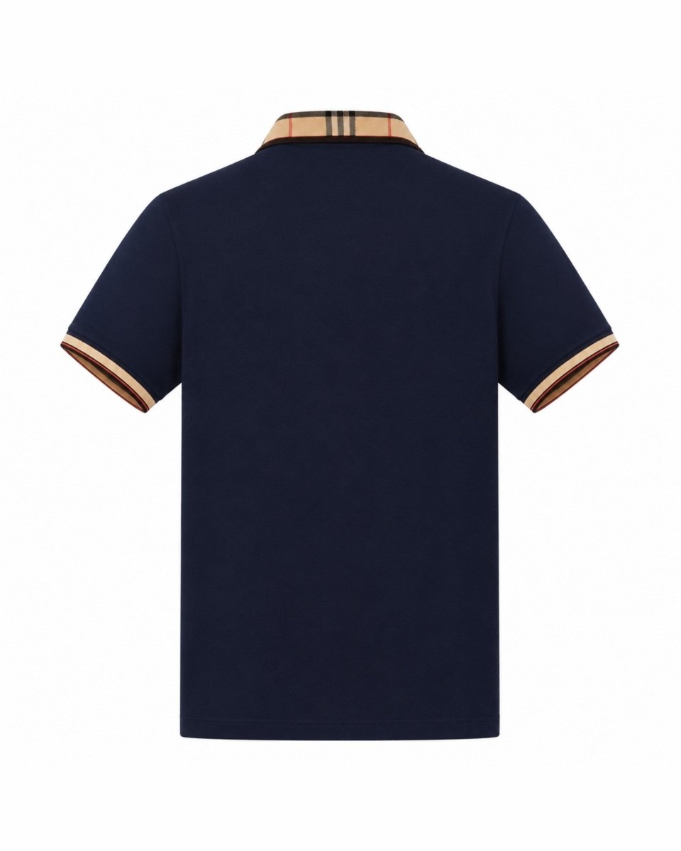A navy blue short-sleeve polo shirt shown from the back, featuring a beige and black checkered collar and sleeve trim.