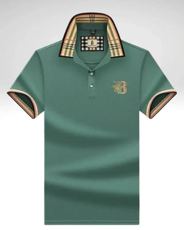 Green polo shirt with checkered collar and brand logo on a light gray background