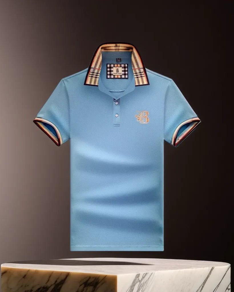 Light blue polo shirt with plaid collar on a dark background