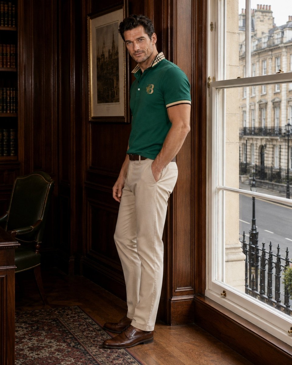 A man wearing a green polo shirt with white and gold trim, beige trousers, and brown leather shoes, standing in a classic room with dark wood paneling and a large window overlooking a street.