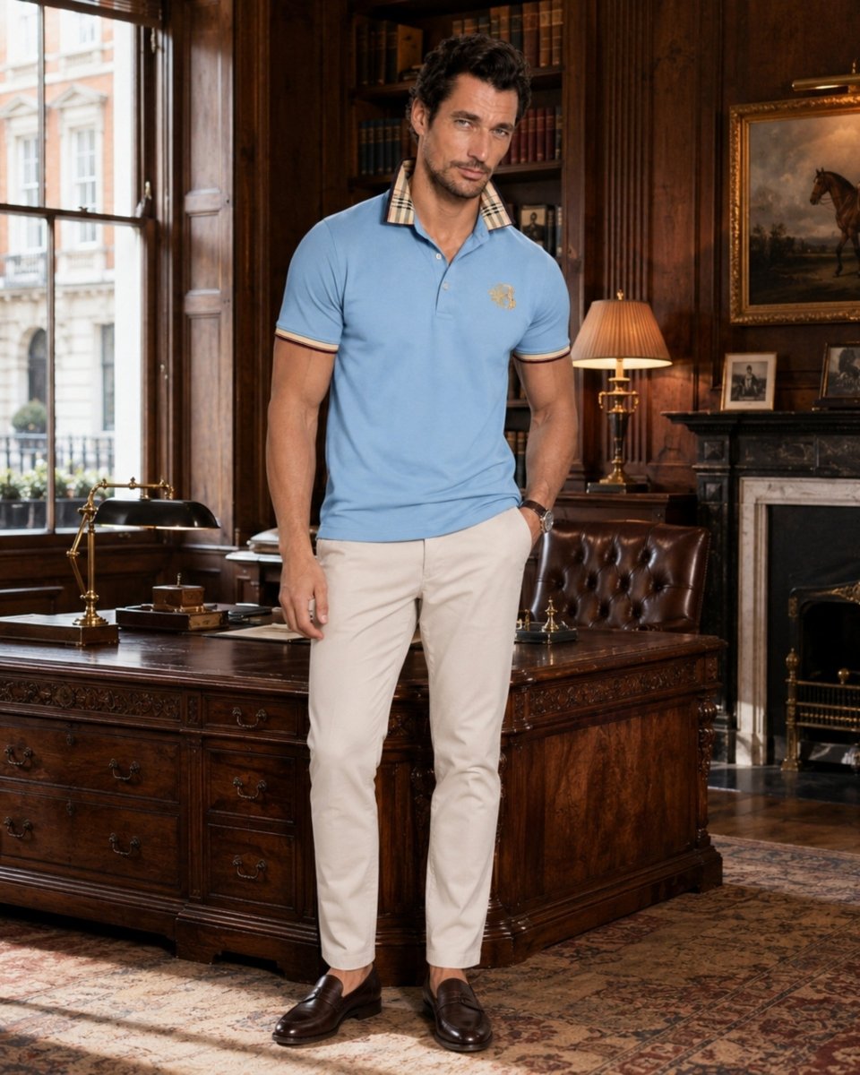 A man wearing a light blue polo shirt with a striped collar and a gold embroidered logo, paired with beige trousers and dark brown loafers, standing in a classic, wood-paneled study.