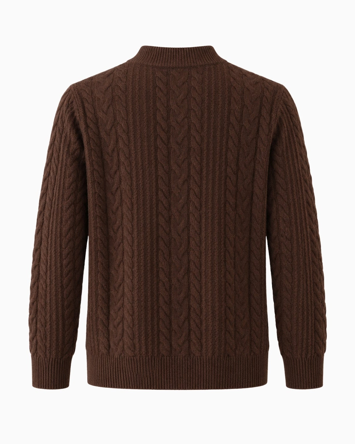 A dark brown cable-knit sweater with a mock neck, shown from the back on a clean white background.