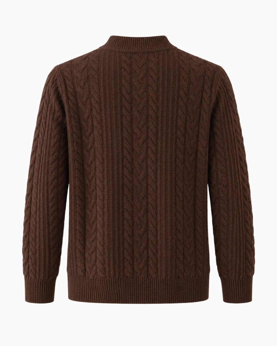 A dark brown cable-knit sweater with a mock neck, shown from the back on a clean white background.