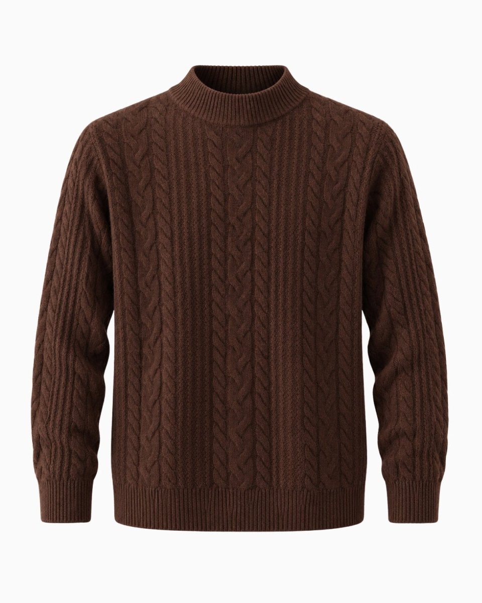 A dark brown cable-knit mock neck sweater with ribbed collar, cuffs, and hem, shown on a plain white background.