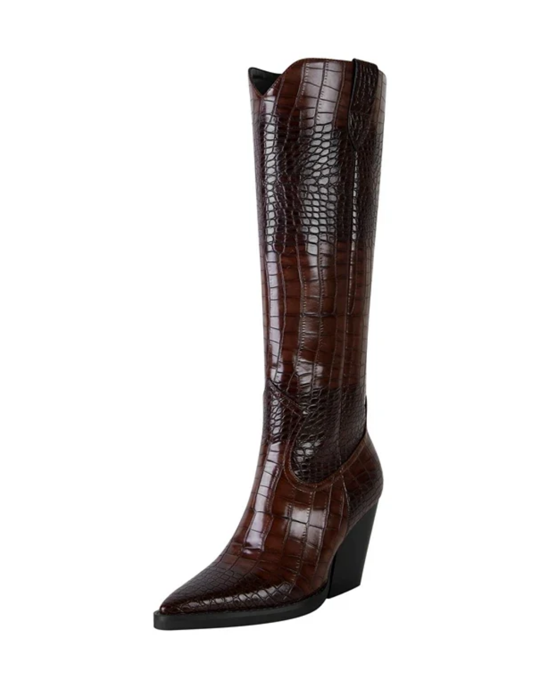 A single knee-high brown boot with an alligator or crocodile-embossed texture, featuring a pointed toe and a black wedge heel, shown against a plain white background.