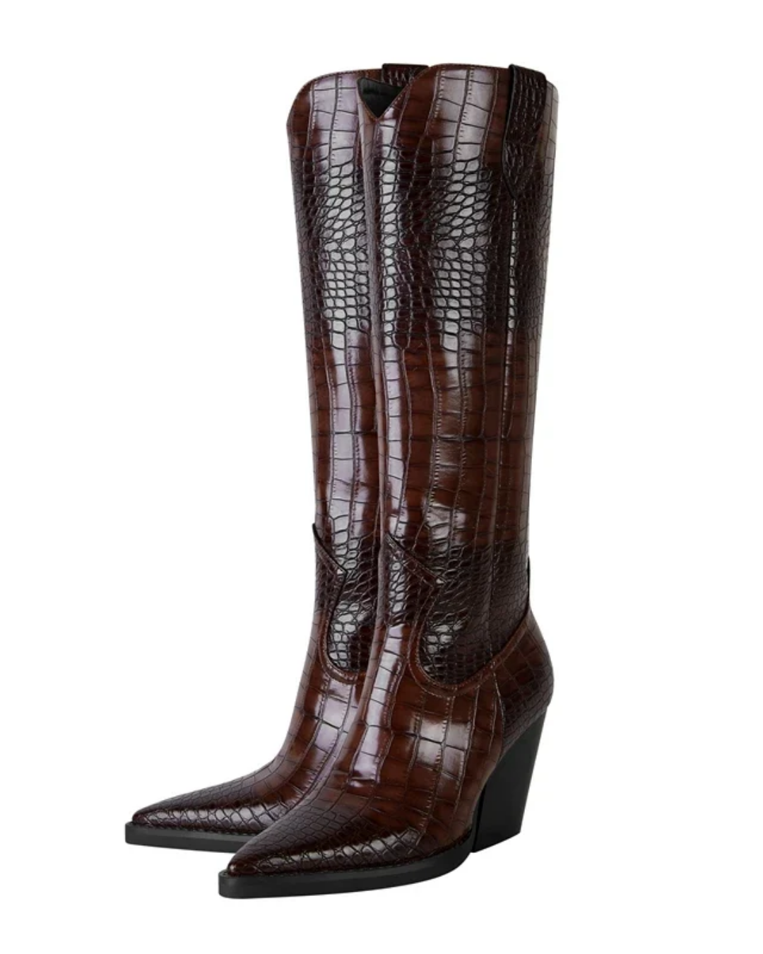 A pair of tall pointed-toe western boots with a glossy brown crocodile-embossed texture and black wedge heels, shown against a plain white background.