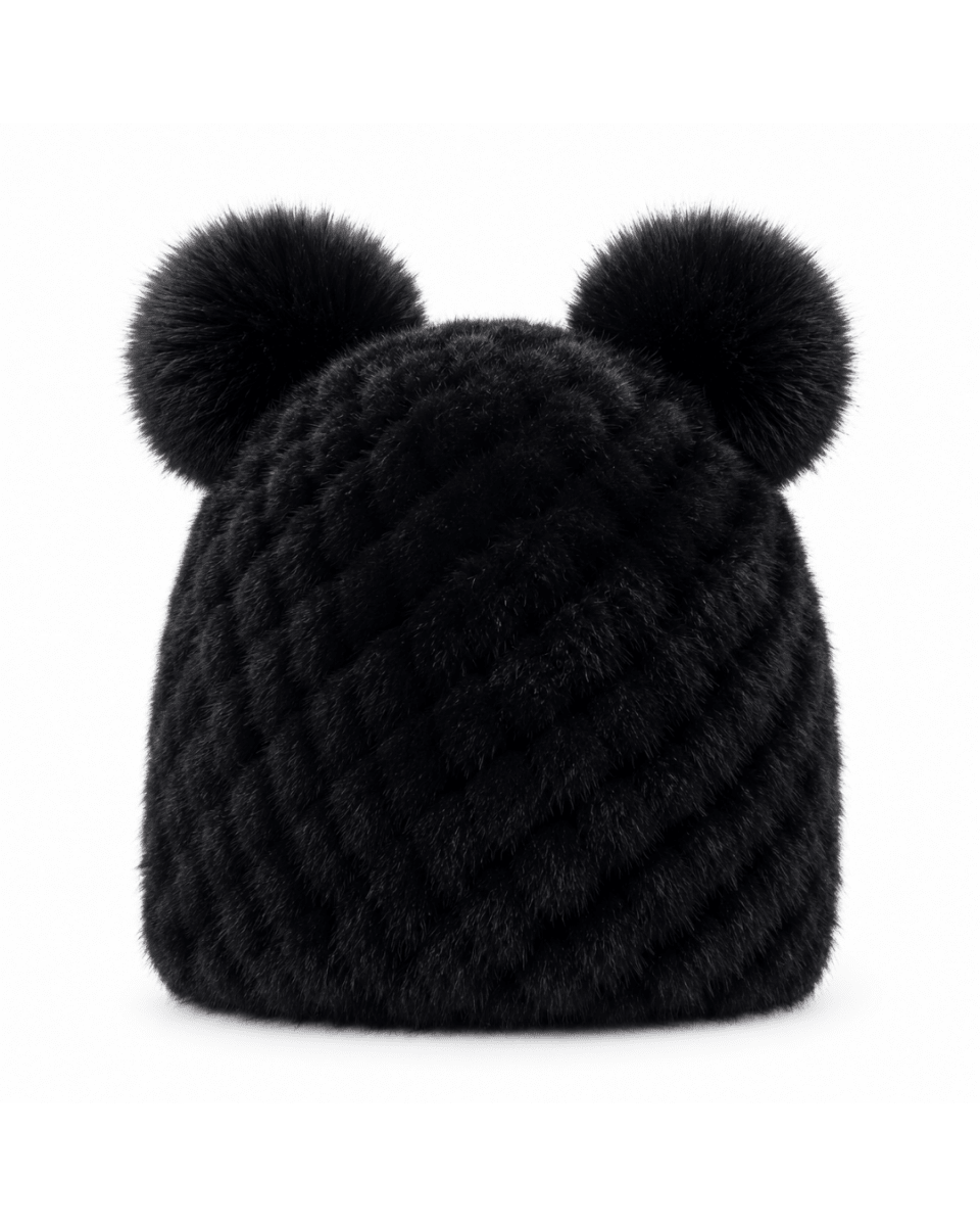 A black faux fur beanie hat featuring two large, matching pom-pom ears on top, shown against a plain white background.