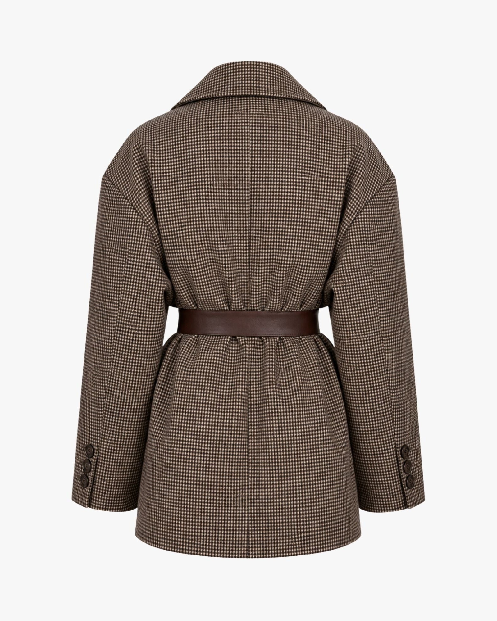 A brown and beige houndstooth belted coat shown from the back, featuring a structured collar, long sleeves with button cuffs, and a matching brown belt at the waist, set against a plain light gray background.