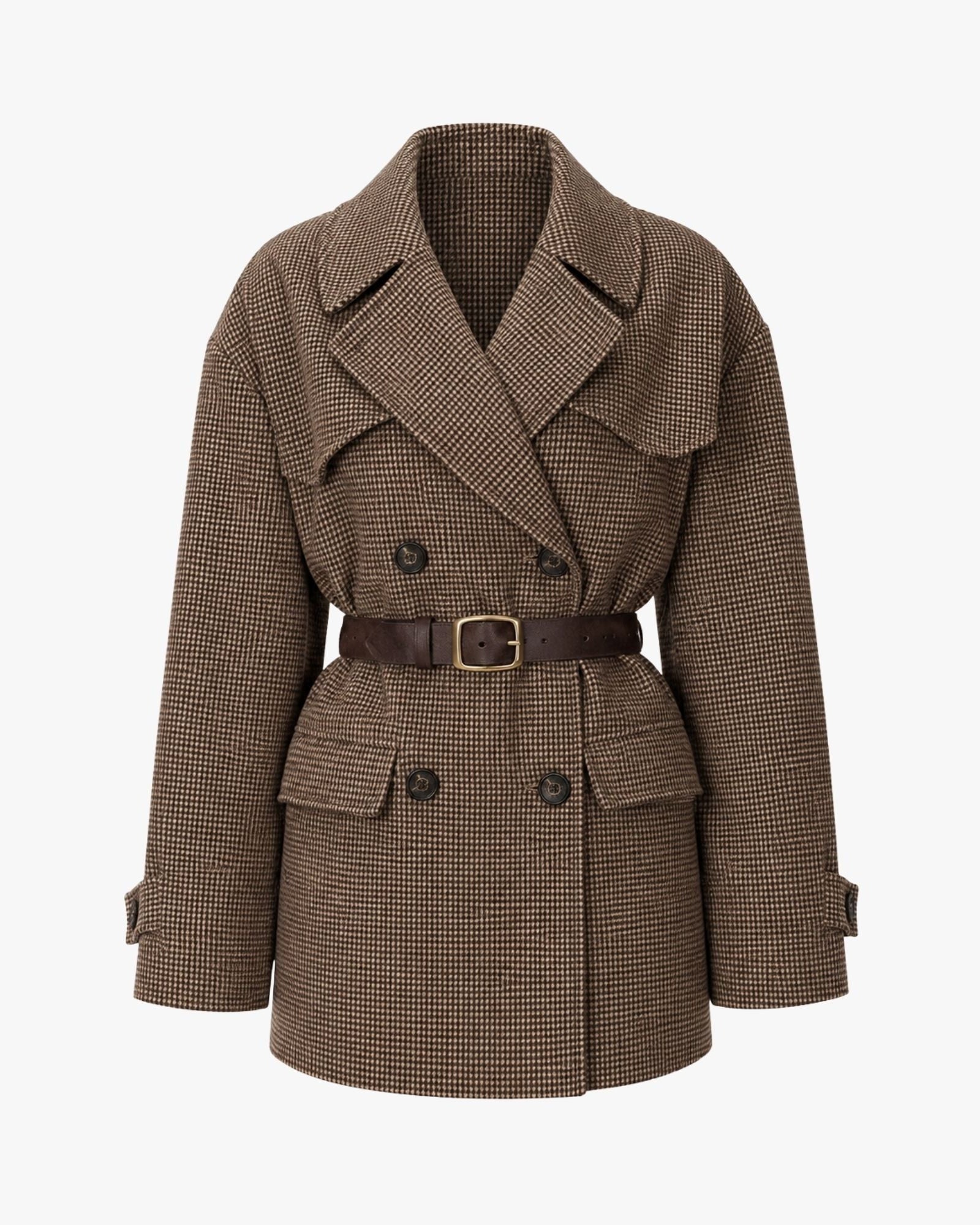 A brown double-breasted belted coat with a subtle houndstooth pattern, featuring a wide collar and flap pockets, shown on a plain light gray background.
