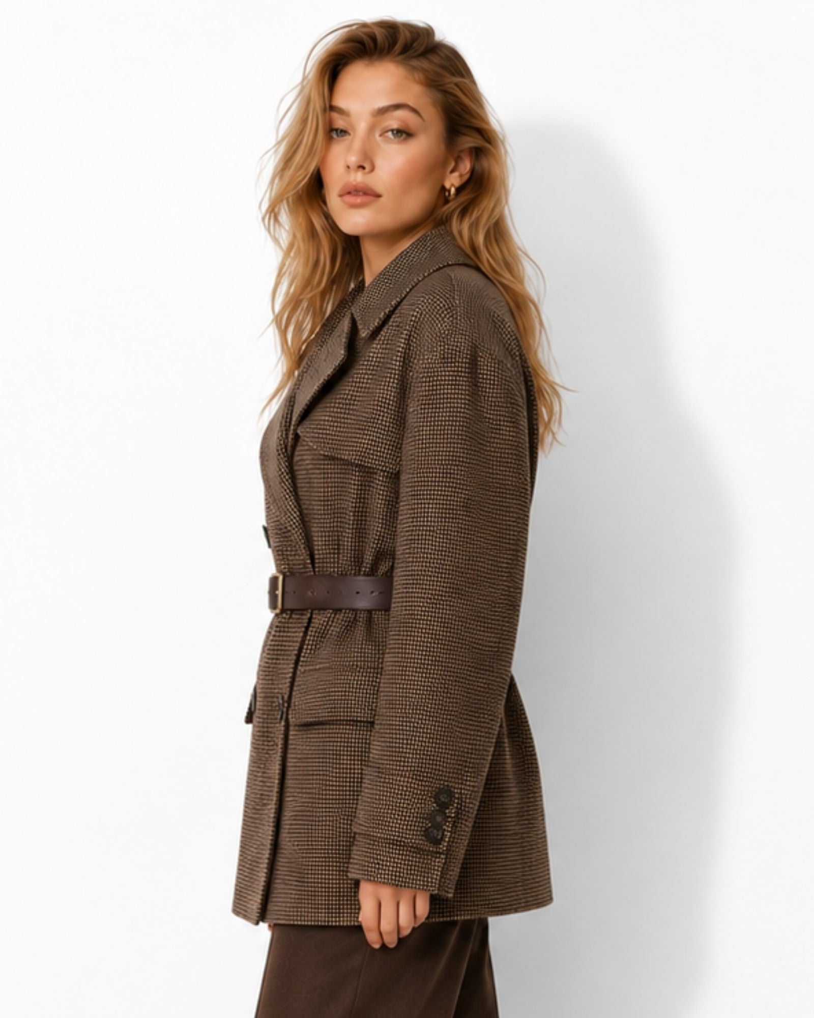 A woman modeling a brown houndstooth belted coat against a clean white studio background.