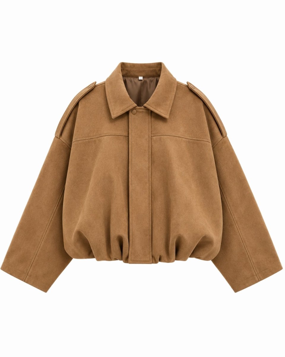 A cropped camel brown suede jacket with shoulder epaulets and a button front, shown flat on a white background.