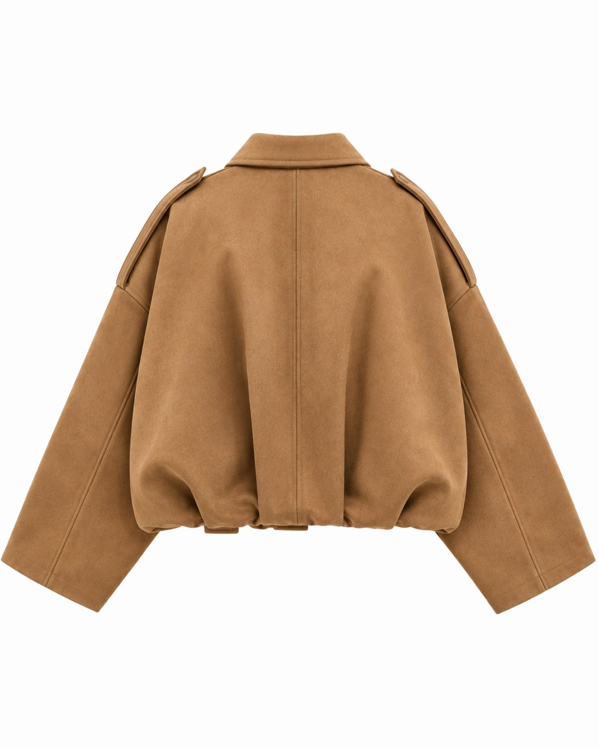 A cropped tan faux-suede jacket with dramatic balloon sleeves and shoulder epaulets, shown from the back on a solid white background.