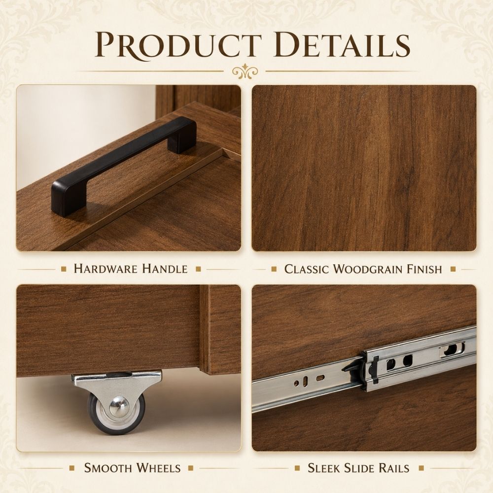Product details collage showing a brown woodgrain cabinet or drawer with a black hardware handle, smooth caster wheels, and sleek slide rails. Text labels identify the features against a cream background.