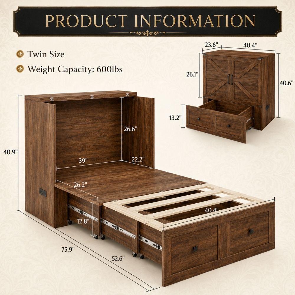 Product information graphic for a twin-size wooden bed frame with storage drawers and a cabinet headboard. The main view shows the bed assembled with dimension labels, and a smaller inset shows the cabinet drawer open.