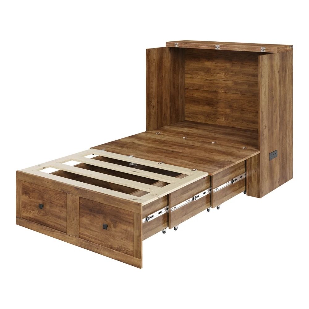A compact wooden bed frame with an open headboard and pull-out storage drawers, shown on a plain white background.