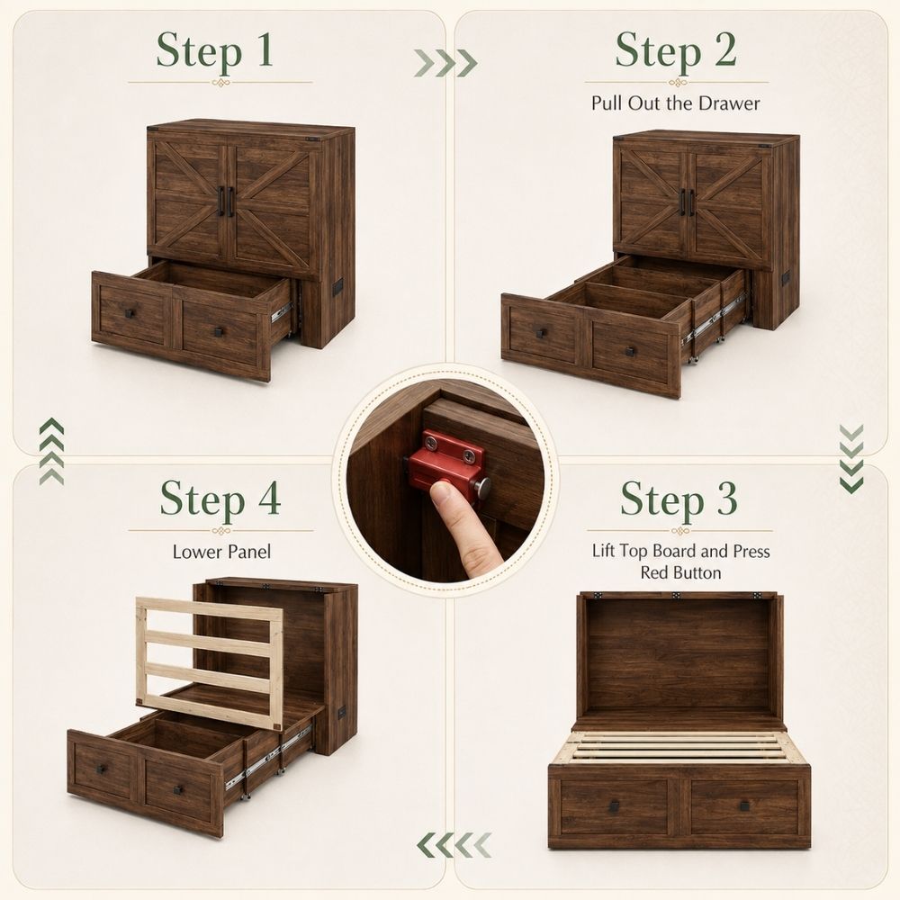 Instructional diagram showing four steps for opening a dark brown wooden storage cabinet with drawers: Step 1 shows the cabinet closed with one drawer pulled out; Step 2 shows the cabinet open with the drawer fully pulled out; Step 3 shows the top panel lifted and the red button pressed; Step 4 shows the lower panel lowered with the drawer fully extended.