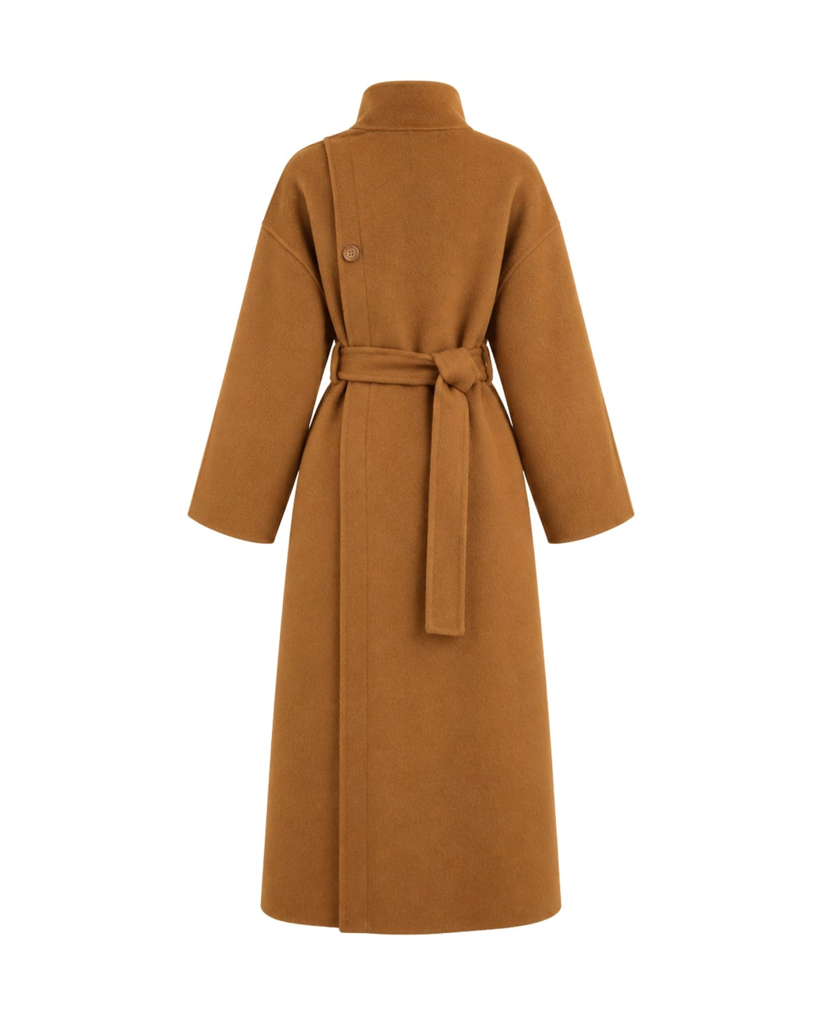 A camel brown wool coat with a high collar, long sleeves, and a matching waist tie belt, shown from the back on a white background.
