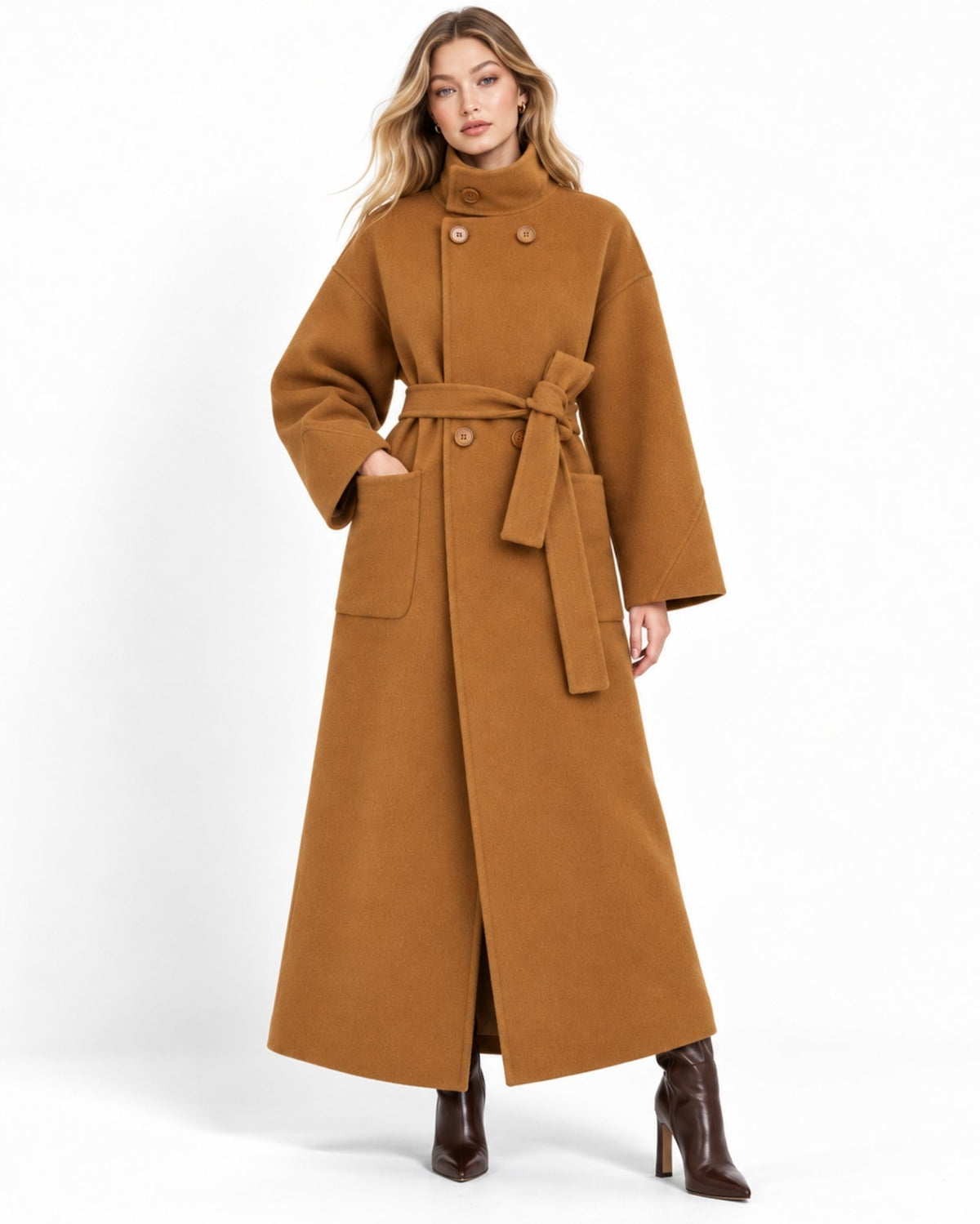 A woman modeling a long, wide-cuffed camel brown coat with a matching waist tie belt, shown against a plain white studio background.