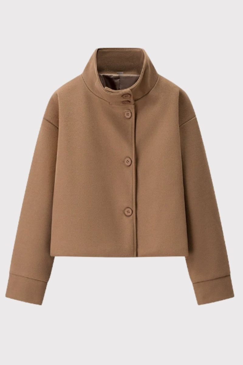 Front flat lay of brown funnel neck jacket showing button closure and premium fabric texture.