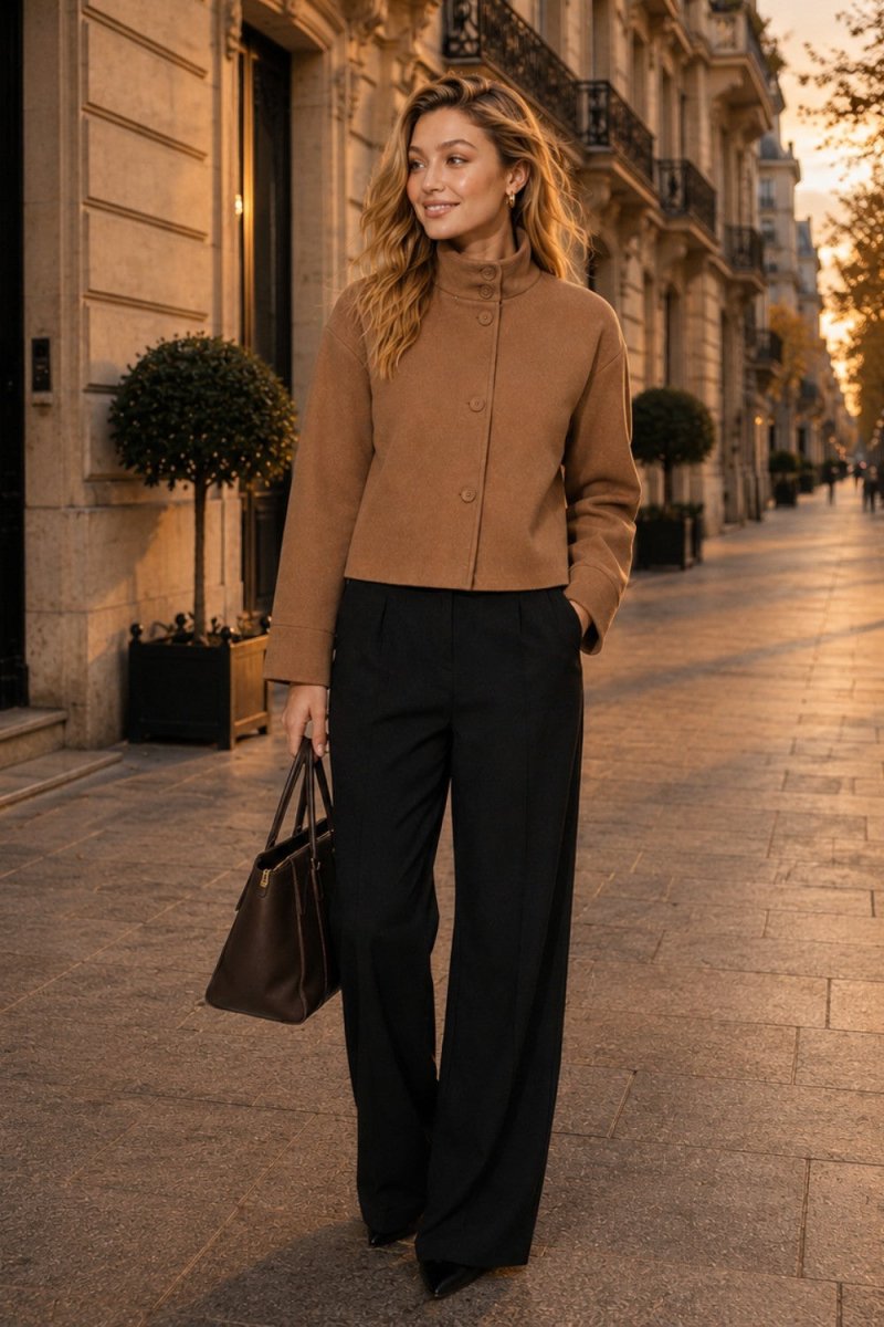 A woman stands on a city sidewalk at sunset wearing a cropped tan button-front jacket with a high mock neck, black wide-leg trousers, and carrying a dark brown tote bag.