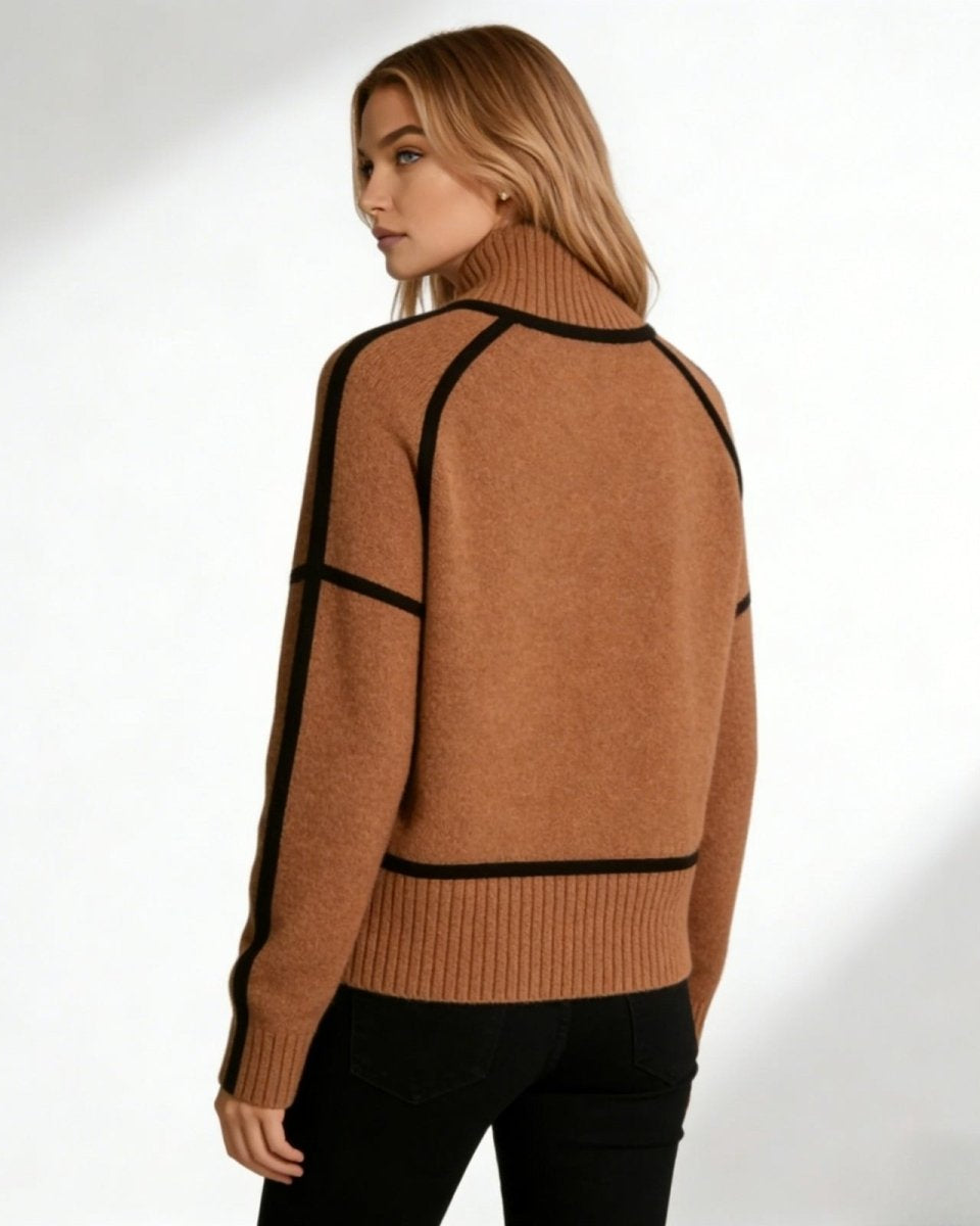 Back view of the brown turtleneck sweater highlighting the architectural black piping on the shoulders and sleeves.
