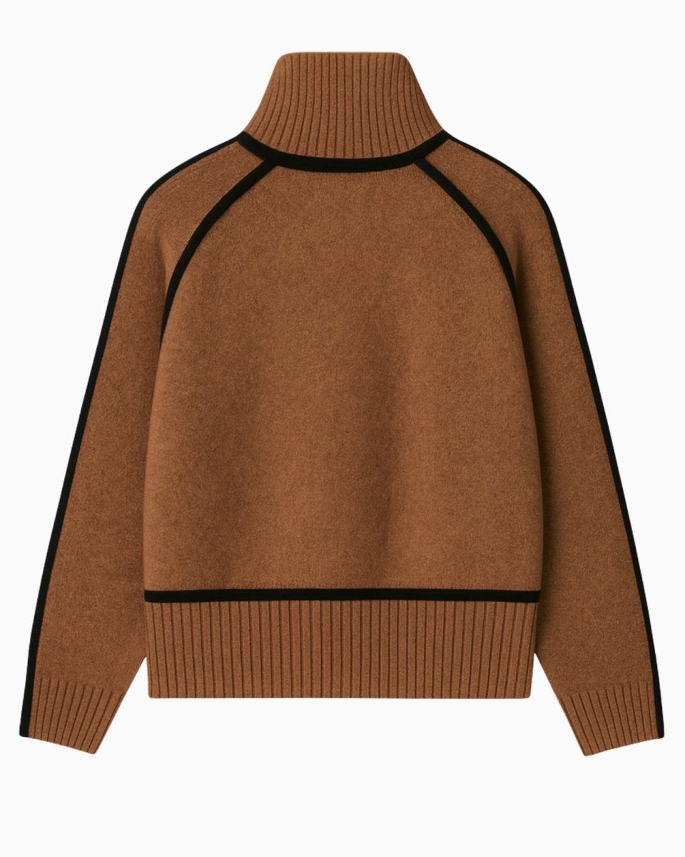 Back view of the brown wool turtleneck sweater with black contrast trim laid flat on a white background.